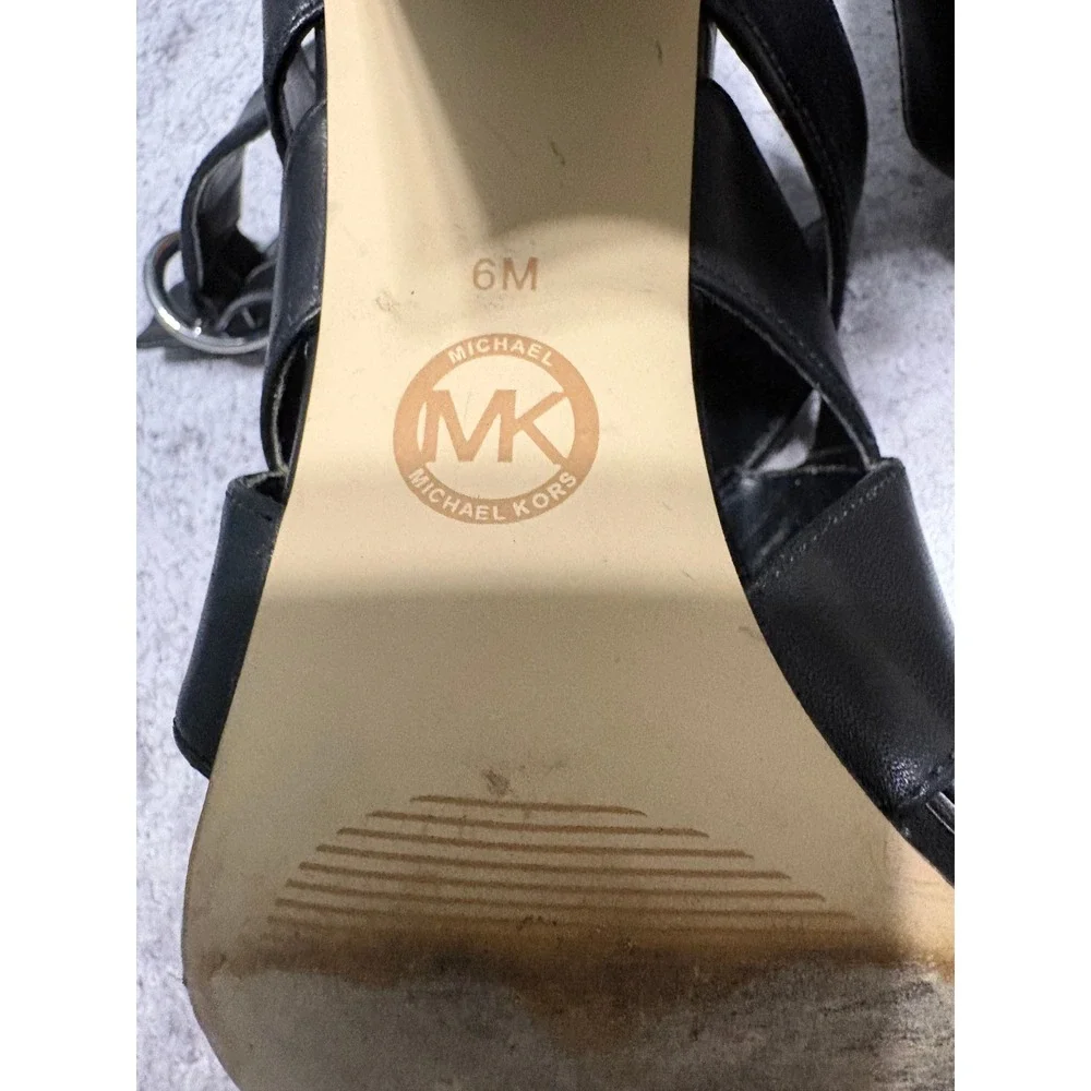 Michael Kors Womens Black Leather Strappy Block Heel Sandals Caged Ankle 6M